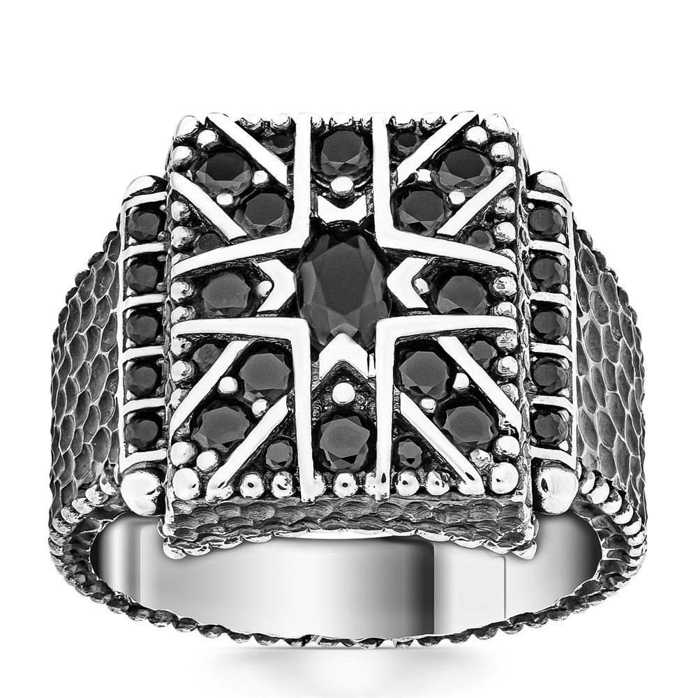 Kare Siyah Zirkon Taşlı Gümüş Yüzük