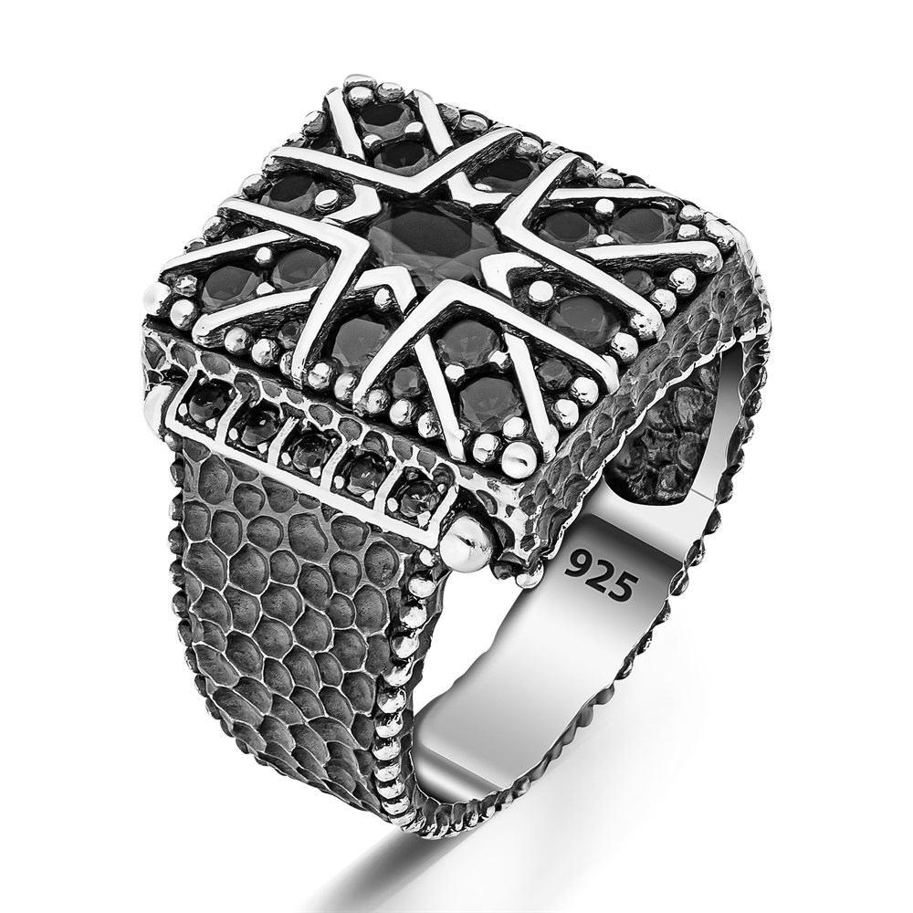 Kare Siyah Zirkon Taşlı Gümüş Yüzük