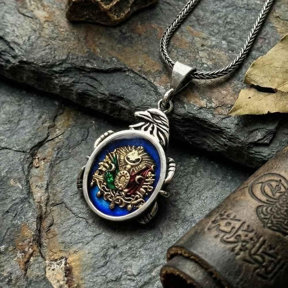 Kartal Başı Motifli Osmanlı Devlet Armalı Gümüş KolyeOsmanlı Kolye