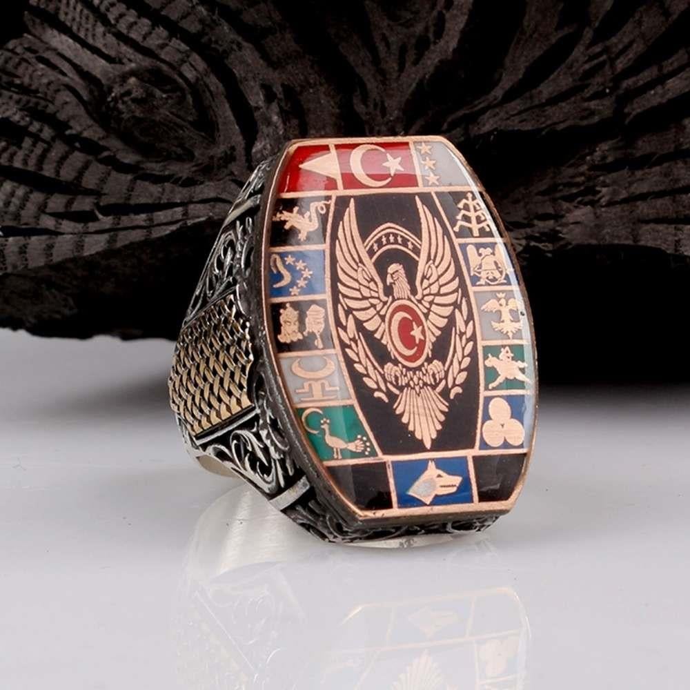 Kartal İşlemeli 16 Türk Devleti Gümüş YüzükMoon Star Ring