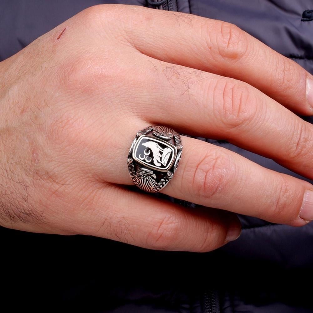 Kartal İşlemeli Bozkurt Üç Hilal Gümüş YüzükBozkurt Yüzükleri