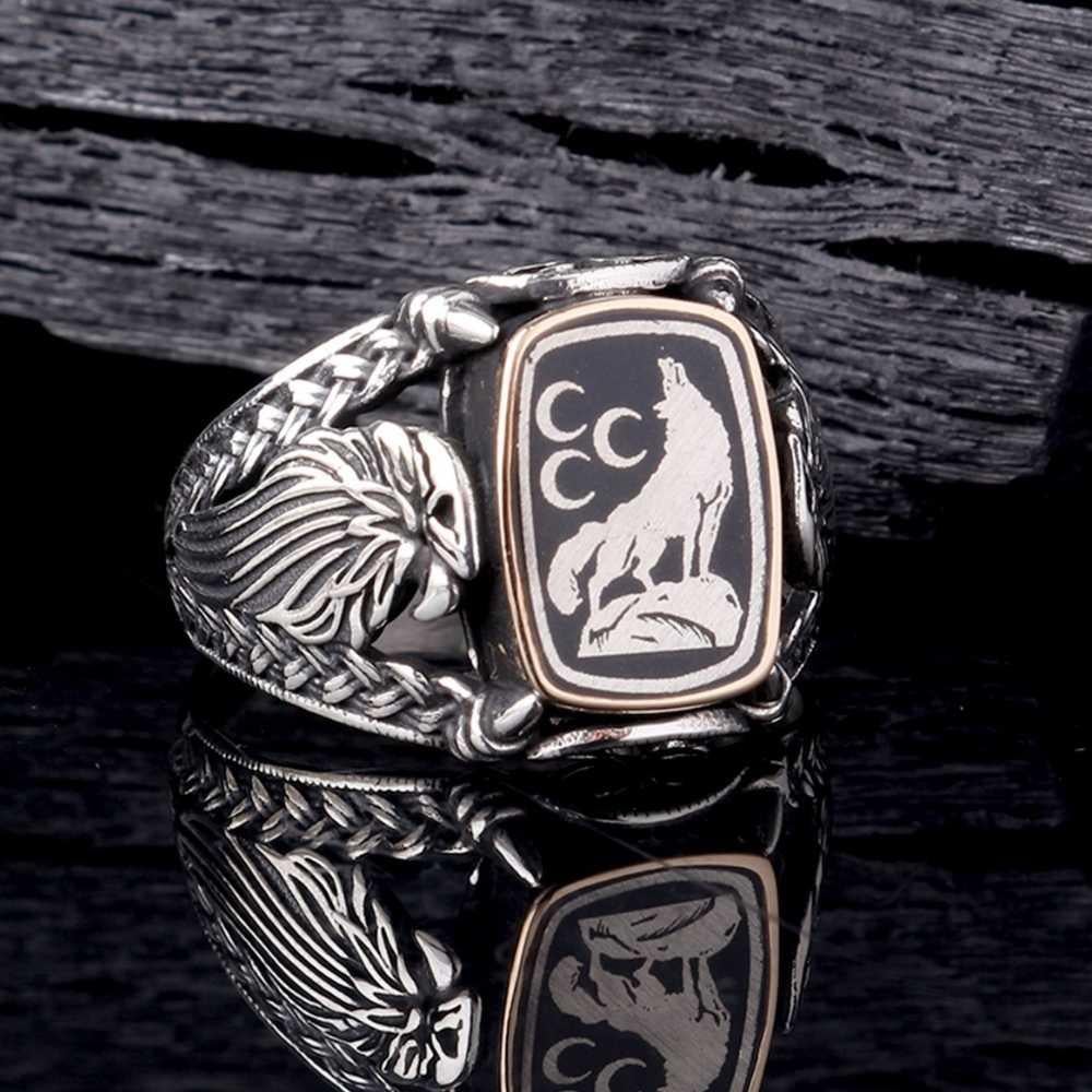 Kartal İşlemeli Bozkurt Üç Hilal Gümüş YüzükBozkurt Yüzükleri