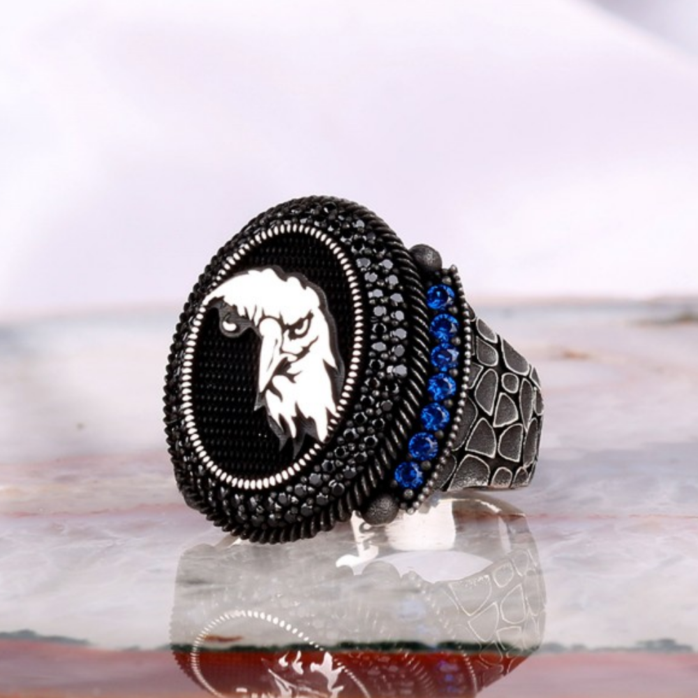 Kartal İşlemeli Mavi Zirkon Taşlı Gümüş Yüzük