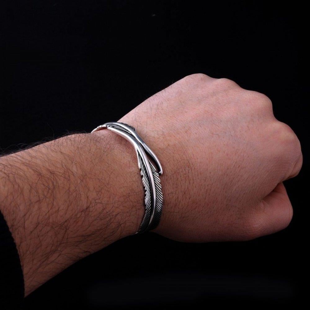 Kartal Tüyü Motifli Gümüş Kelepçe BileklikErkek Bileklik