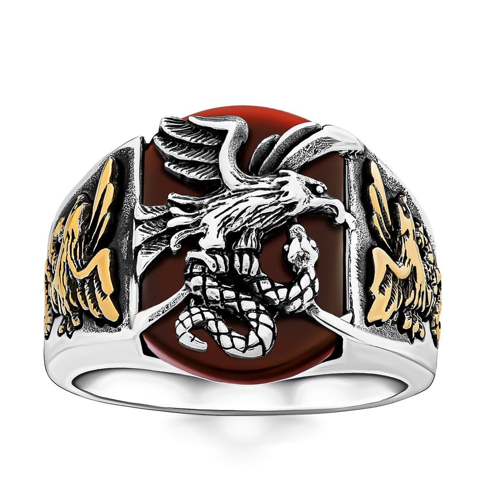 Kartal ve Yılan Modelli Kırmızı Taşlı Gümüş Yüzük