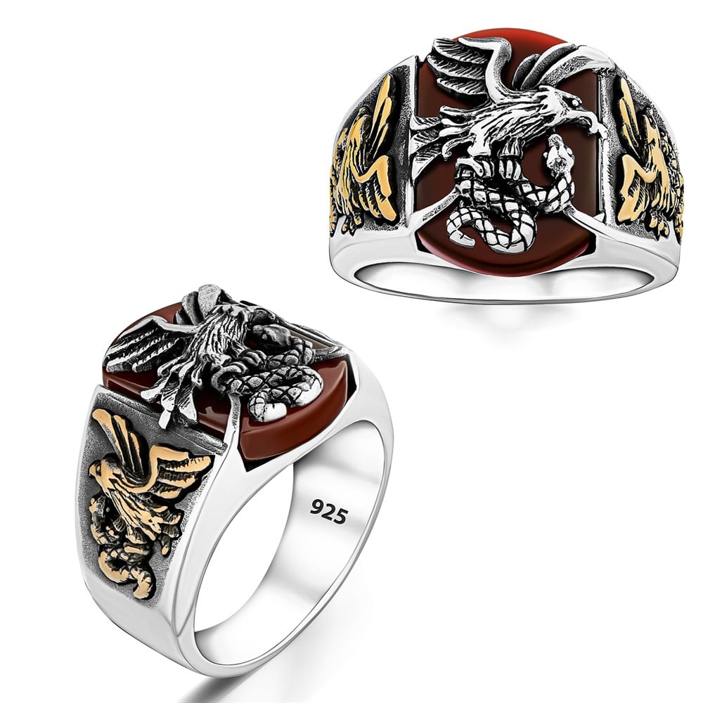 Kartal ve Yılan Modelli Kırmızı Taşlı Gümüş Yüzük