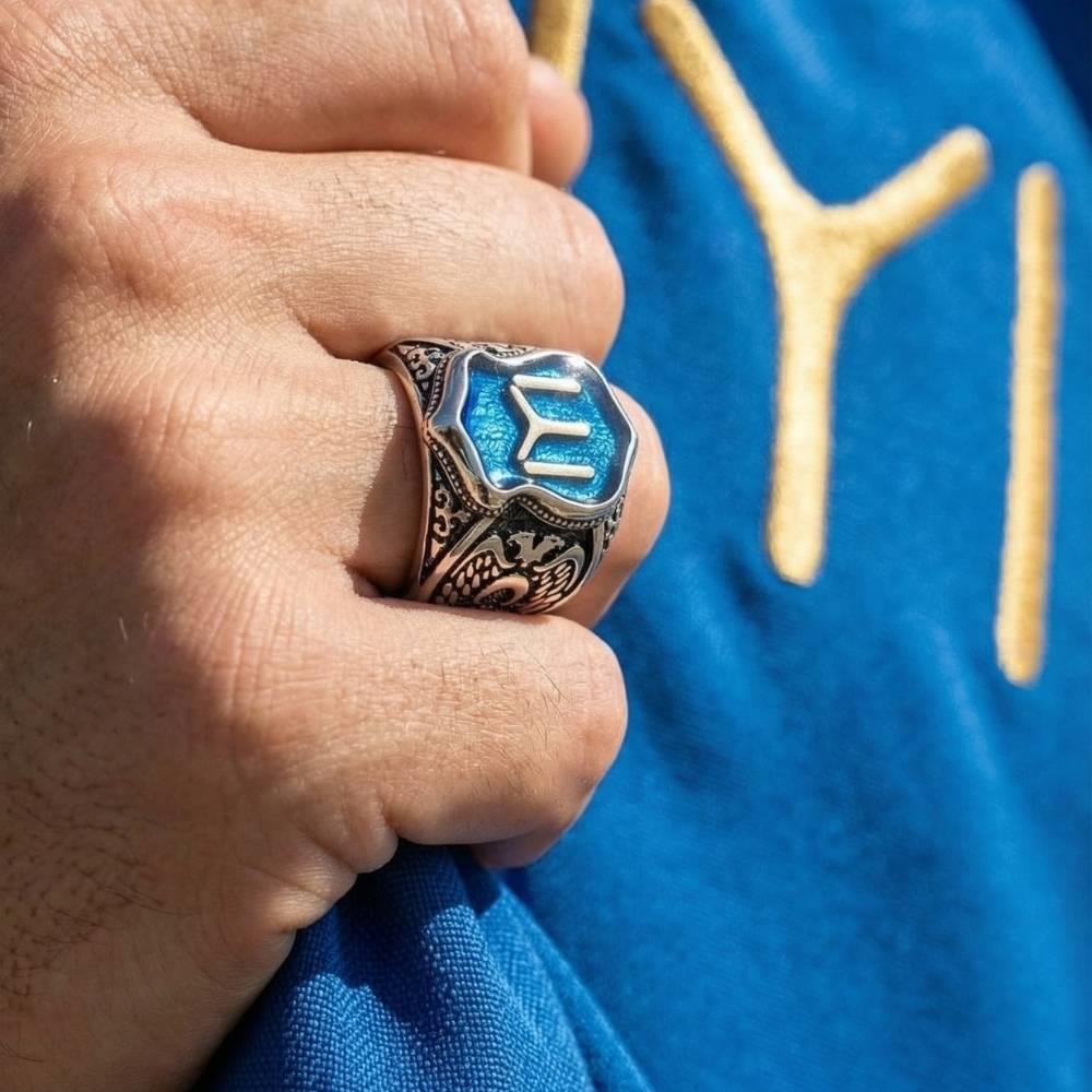 Kayı Boyu Armalı Kalkan Model Mineli Gümüş YüzükKayı Boyu Yüzük