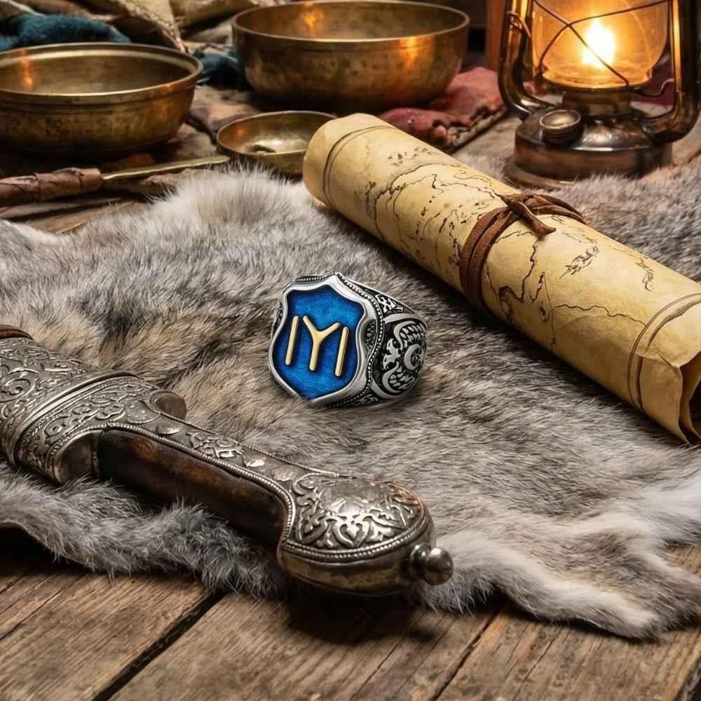 Kayı Boyu Armalı Kalkan Model Mineli Gümüş YüzükKayı Boyu Yüzük