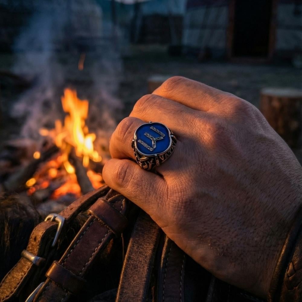 Kayı Boyu Armalı Mavi Mineli Gümüş Erkek YüzükKayi Ring