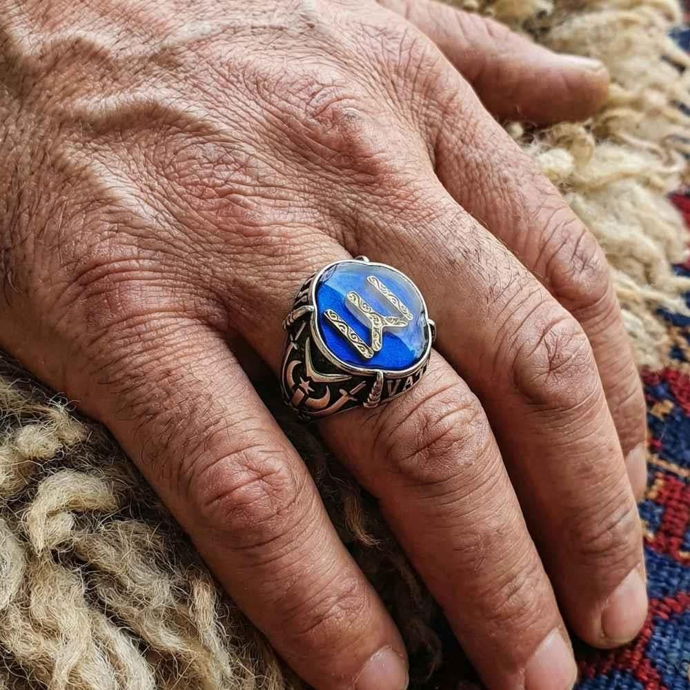 Kayı Boyu Armalı Mavi Mineli Gümüş Erkek YüzükKayi Ring