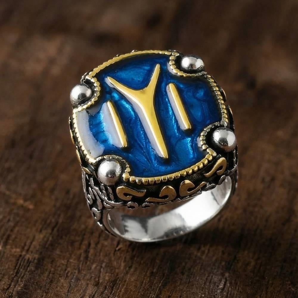 Kayı Boyu Armalı Mavi Mineli Gümüş YüzükKayi Ring