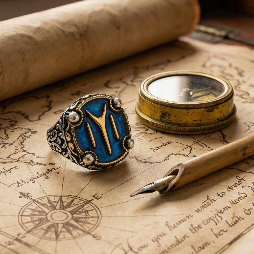 Kayı Boyu Armalı Mavi Mineli Gümüş YüzükKayi Ring