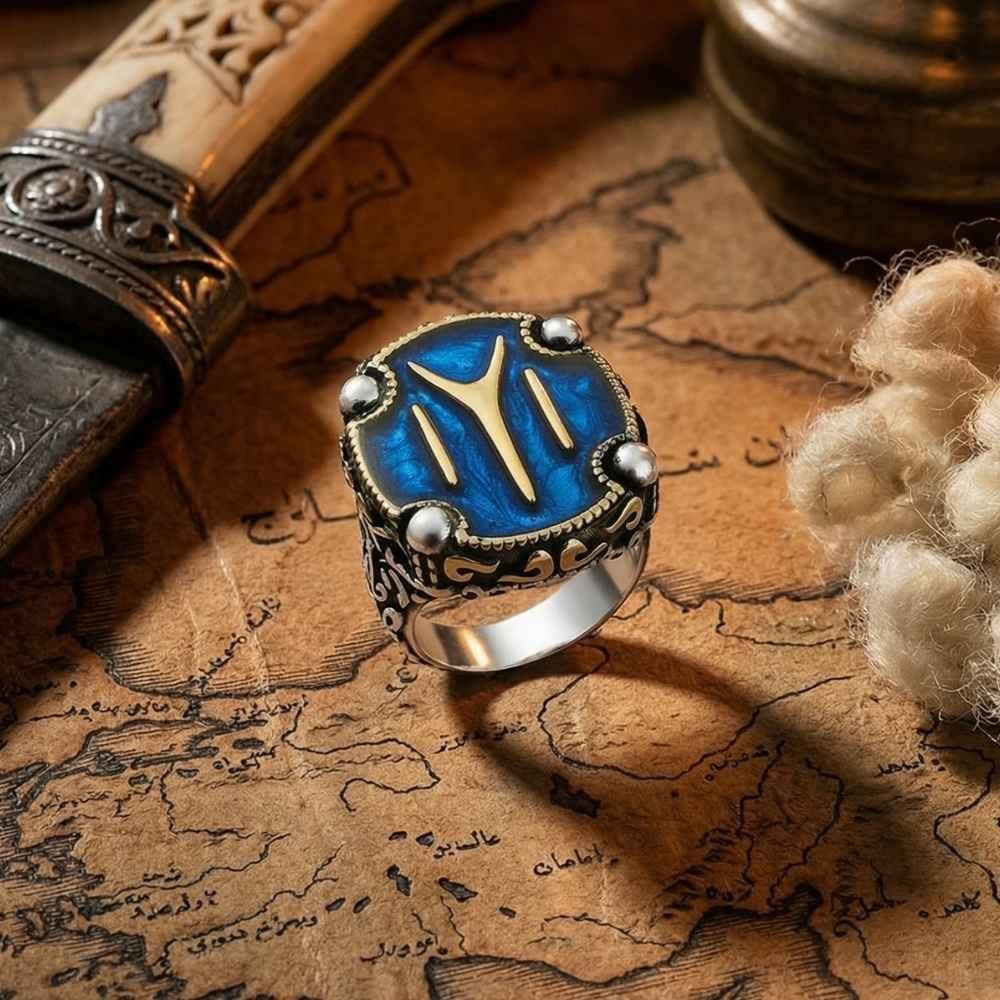 Kayı Boyu Armalı Mavi Mineli Gümüş YüzükKayi Ring