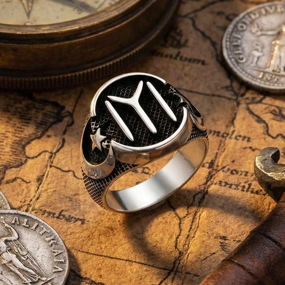 Kayı Boyu Desenli Ay Yıldız Modeli Gümüş Erkek YüzükKayi Ring