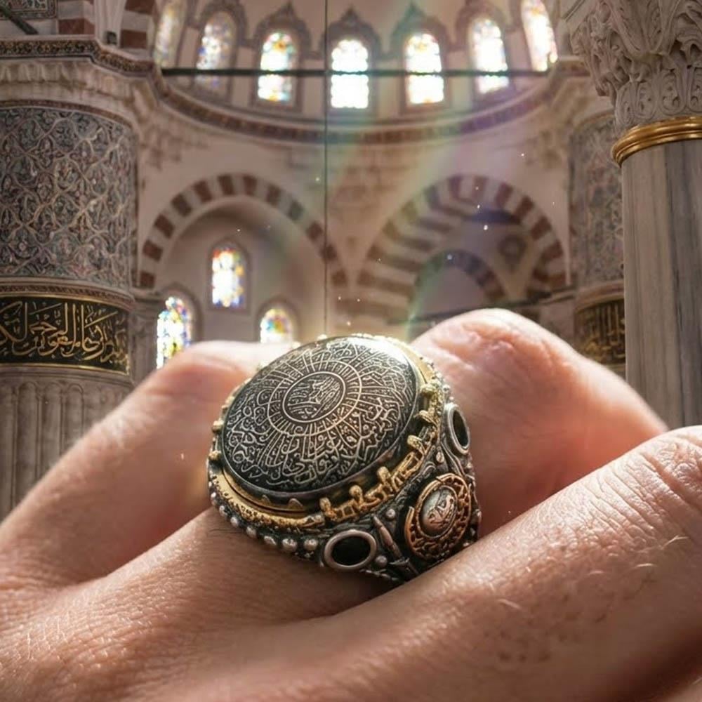 Kehribar Taş İçerisi İnşirah Suresi Gümüş Yüzükİslami Yüzükler