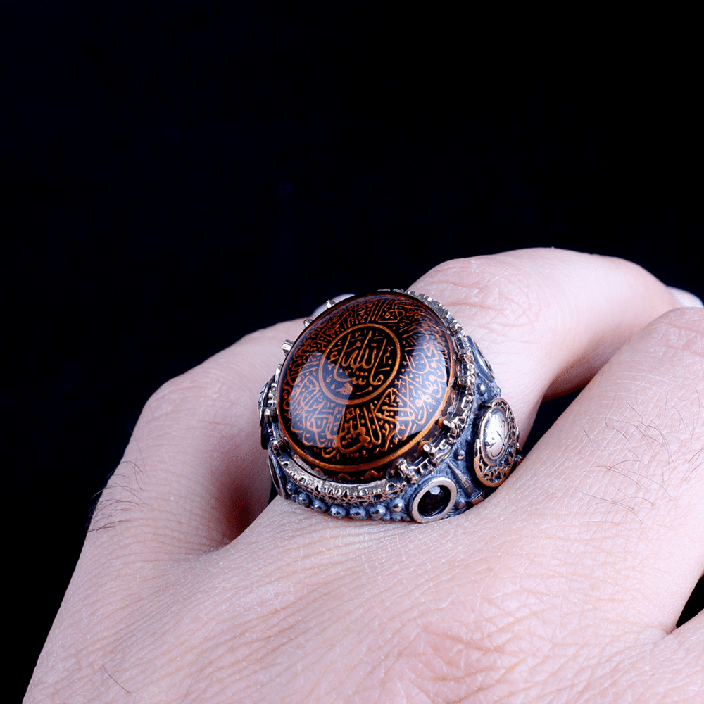 Kehribar Taş İçerisi Nazar Ayeti Gümüş Yüzük