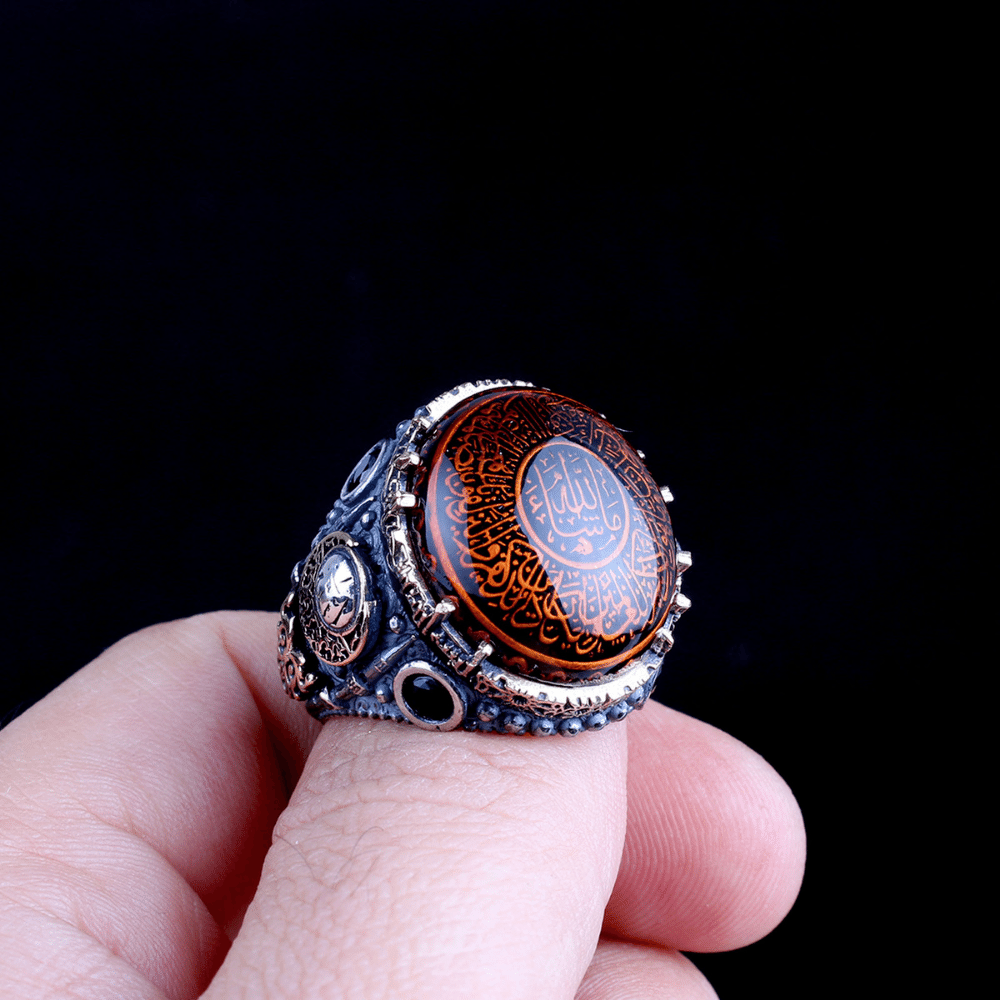 Kehribar Taş İçerisi Nazar Ayeti Gümüş Yüzük