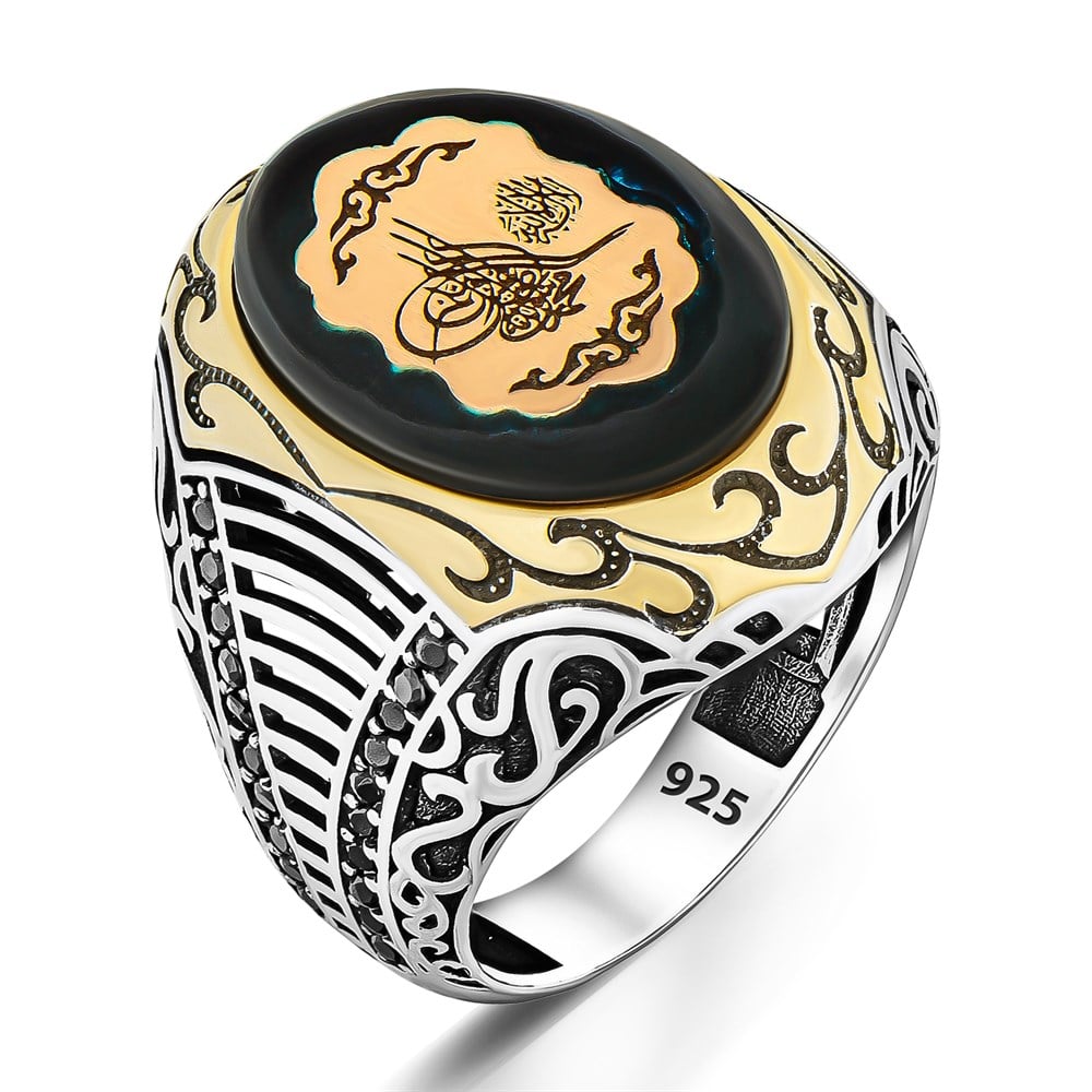 Kehribar Taş İçerisi Osmanlı Tuğrası İşlemeli Gümüş Yüzük