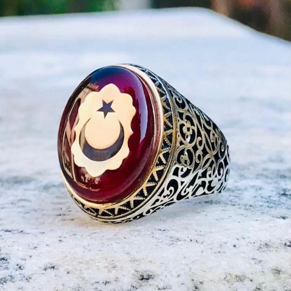 Kehribar Taş Üzeri Ay Yıldız Gümüş Erkek Yüzük