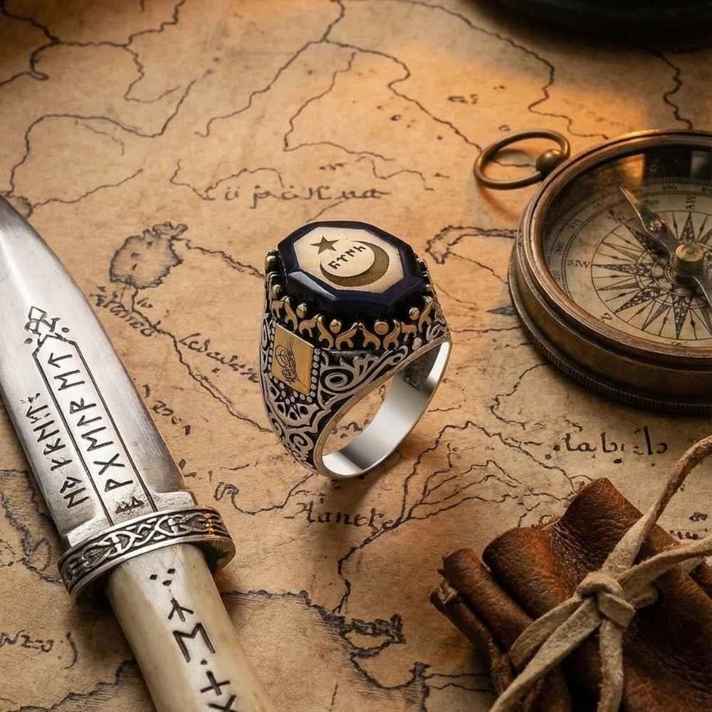 Kehribar Taşlı Ay Yıldız İçerisi Göktürkçe Türk Yazılı Gümüş YüzükAy Yıldız Yüzükler