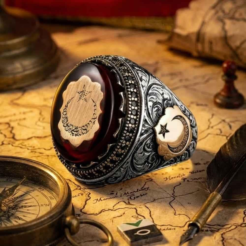 Sterling Silver Ring with Star and Crescent on Amber StoneAmber Stone Ring