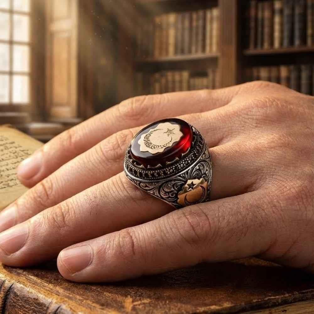 Sterling Silver Ring with Star and Crescent on Amber StoneAmber Stone Ring