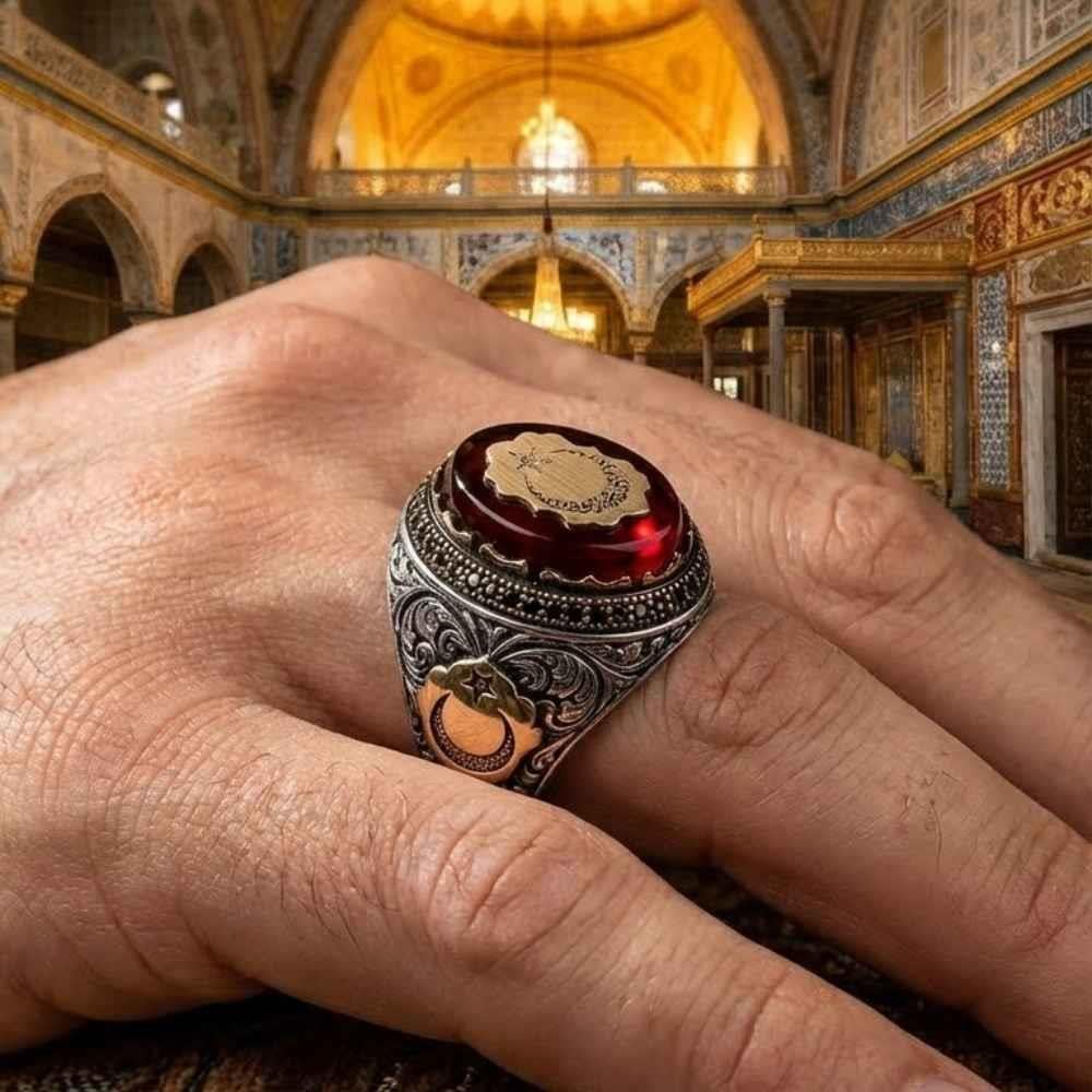 Sterling Silver Ring with Star and Crescent on Amber StoneAmber Stone Ring