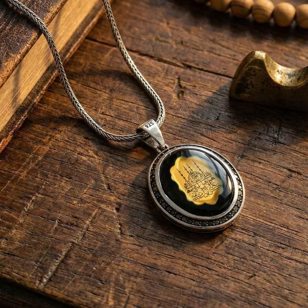 Kehribar Taşlı Cami Motifli Gümüş KolyeDualı Kolye