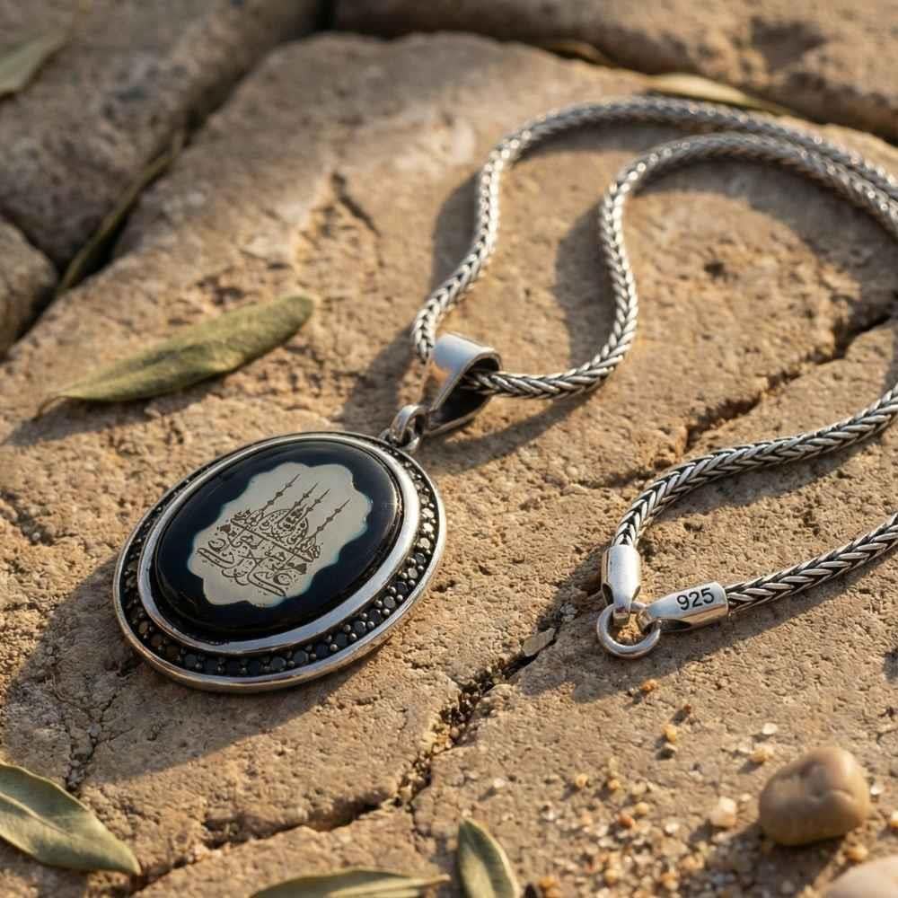 Kehribar Taşlı Cami Motifli Gümüş KolyeDualı Kolye