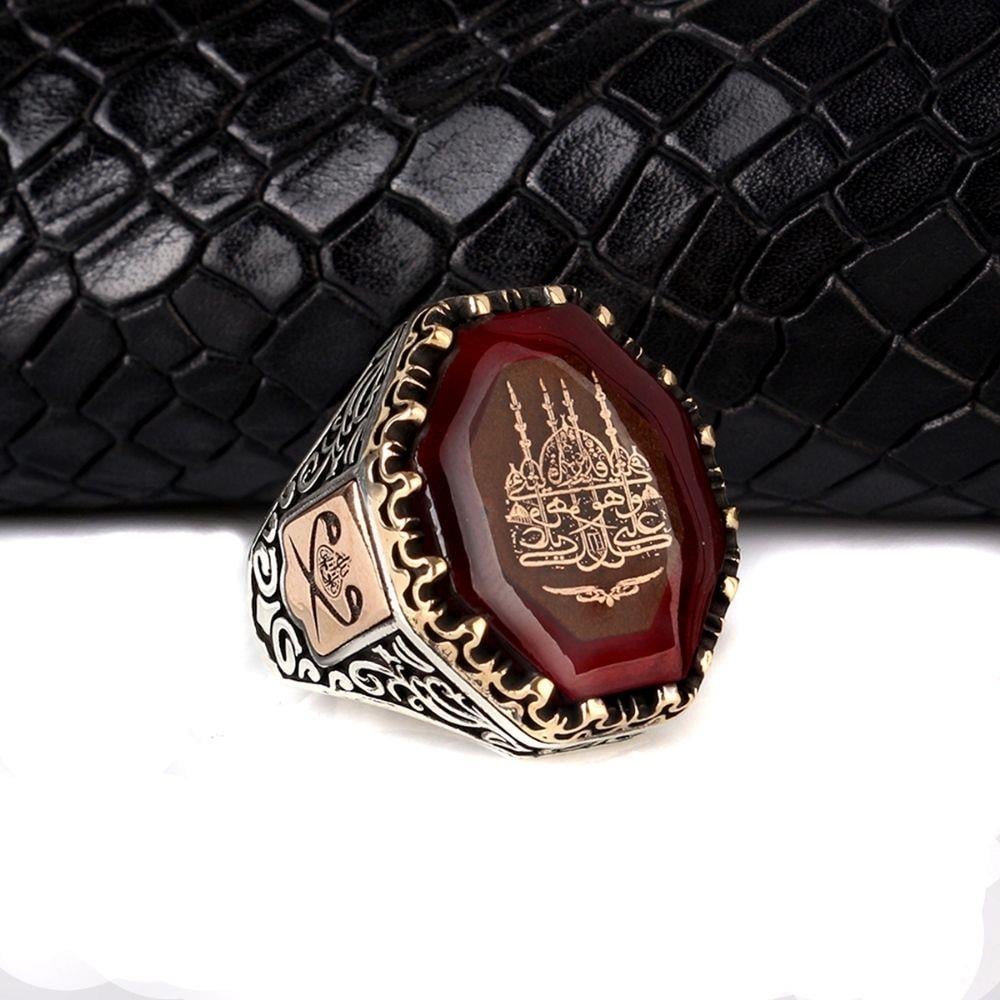 Kehribar Taşlı Cami Motifli Gümüş Yüzük