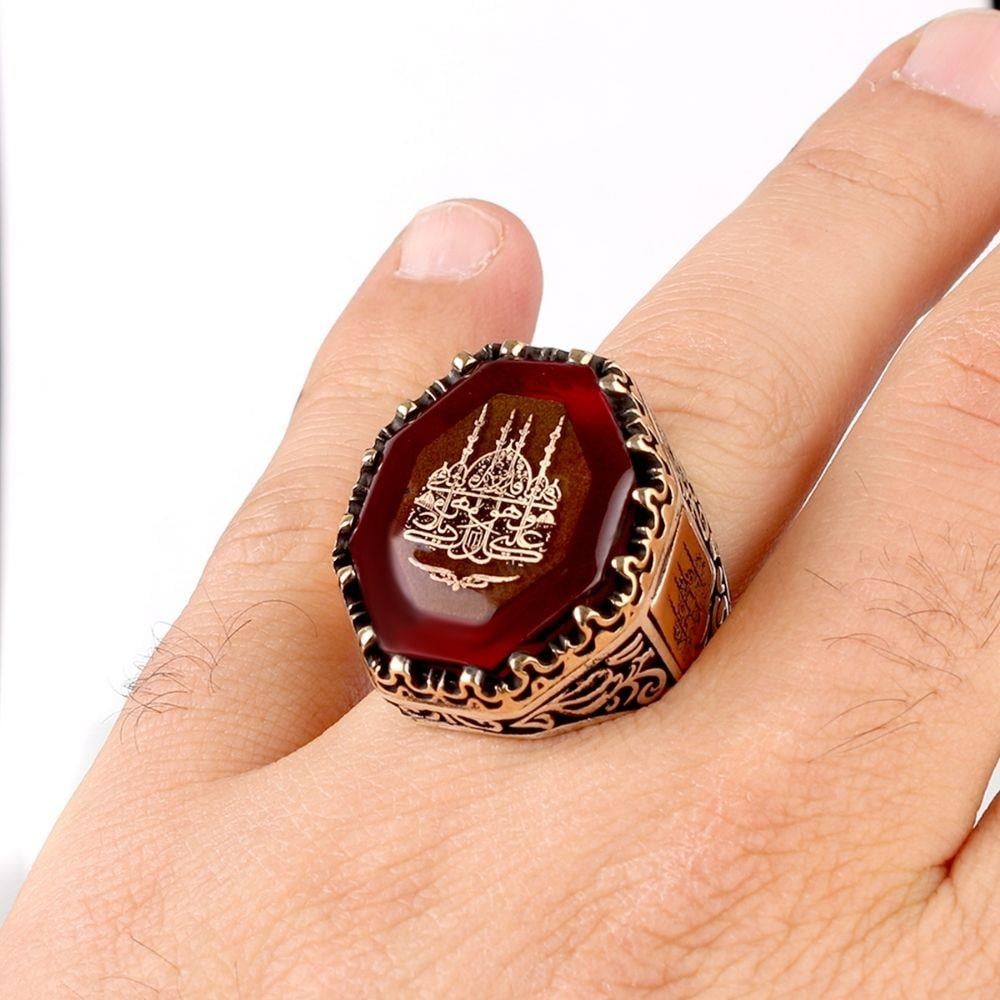 Kehribar Taşlı Cami Motifli Gümüş Yüzük