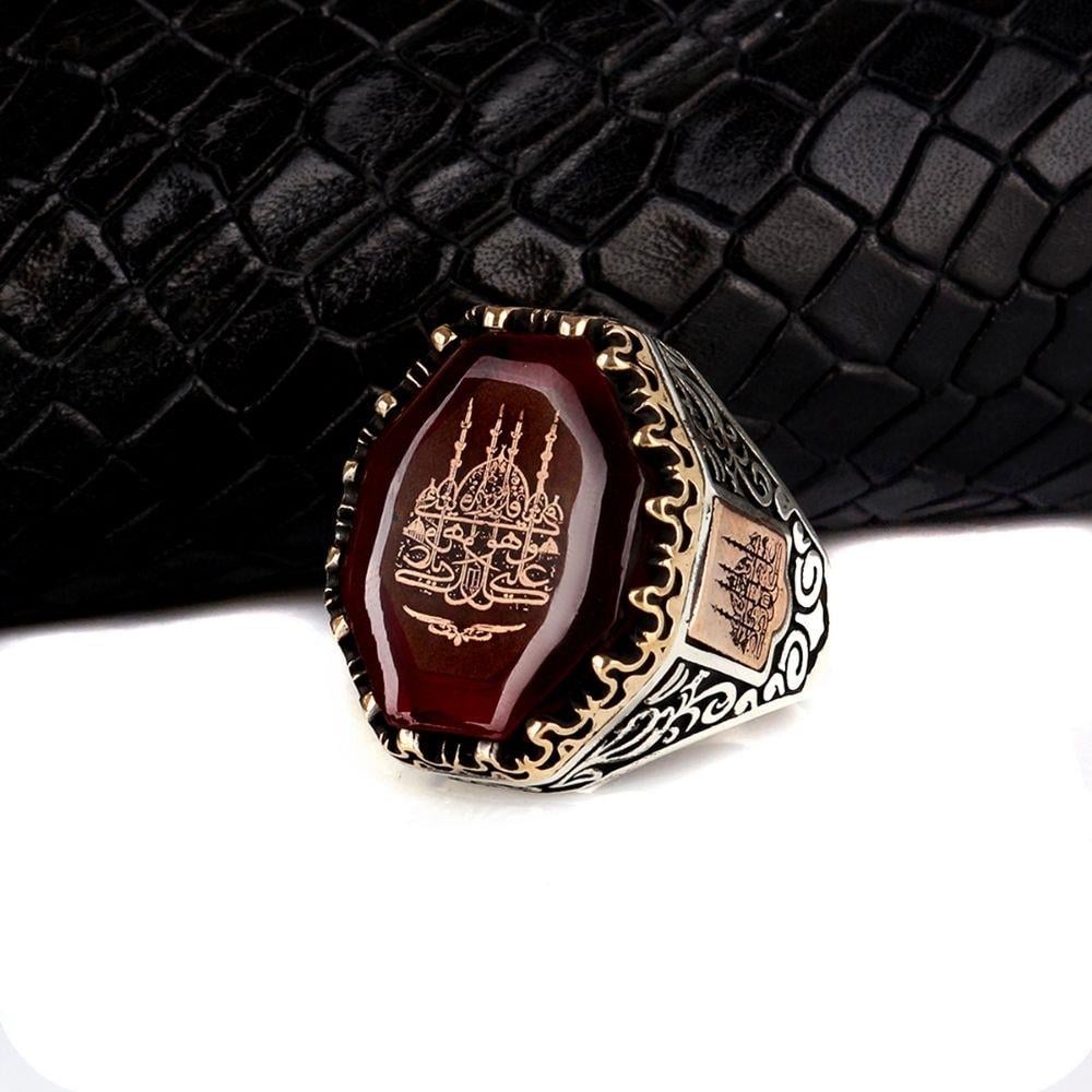 Kehribar Taşlı Cami Motifli Gümüş Yüzük