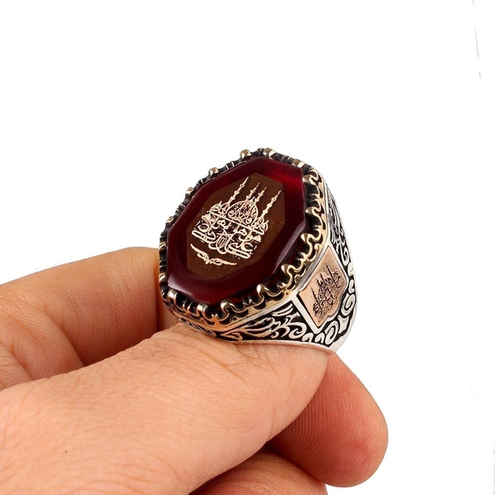 Kehribar Taşlı Cami Motifli Gümüş Yüzük