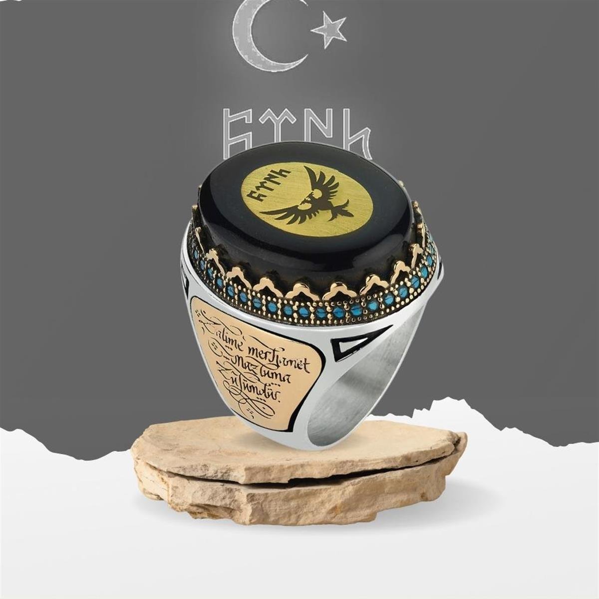 Kehribar Taşlı Göktürkçe Türk Kartal Motifli Gümüş Yüzük