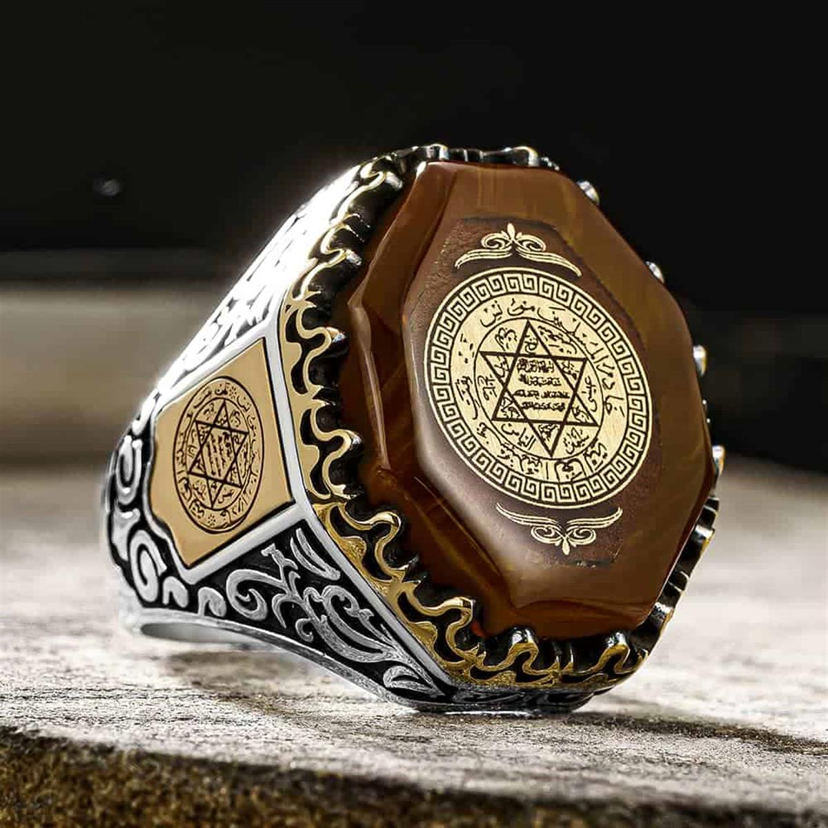 Handmade Amber Stone Seal of Solomon Ring