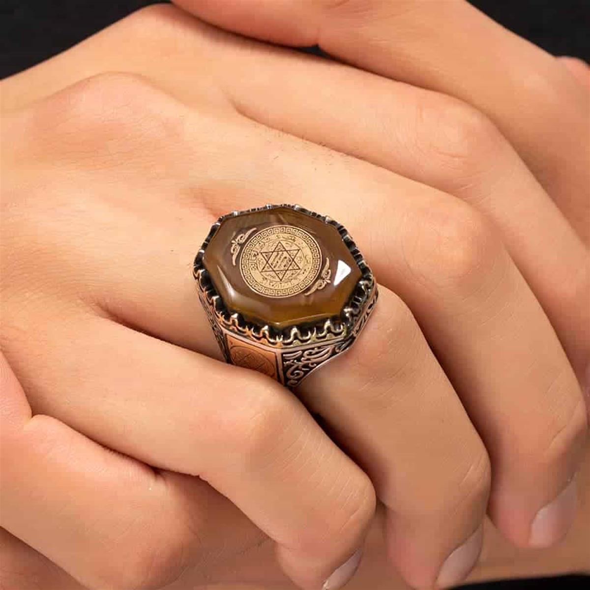Handmade Amber Stone Seal of Solomon Ring