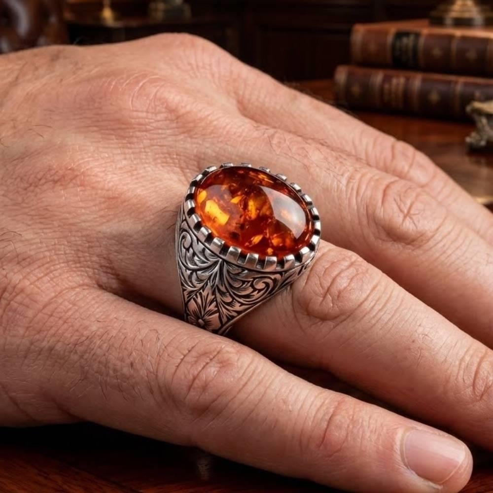 Kehribar Taşlı Kalem İşleme Motifli Gümüş YüzükKehribar Taşlı Yüzükler