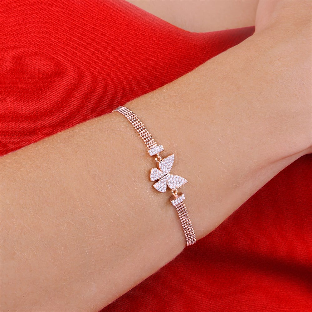 Kelebek Motifli Kadın Gümüş Bileklik Rose