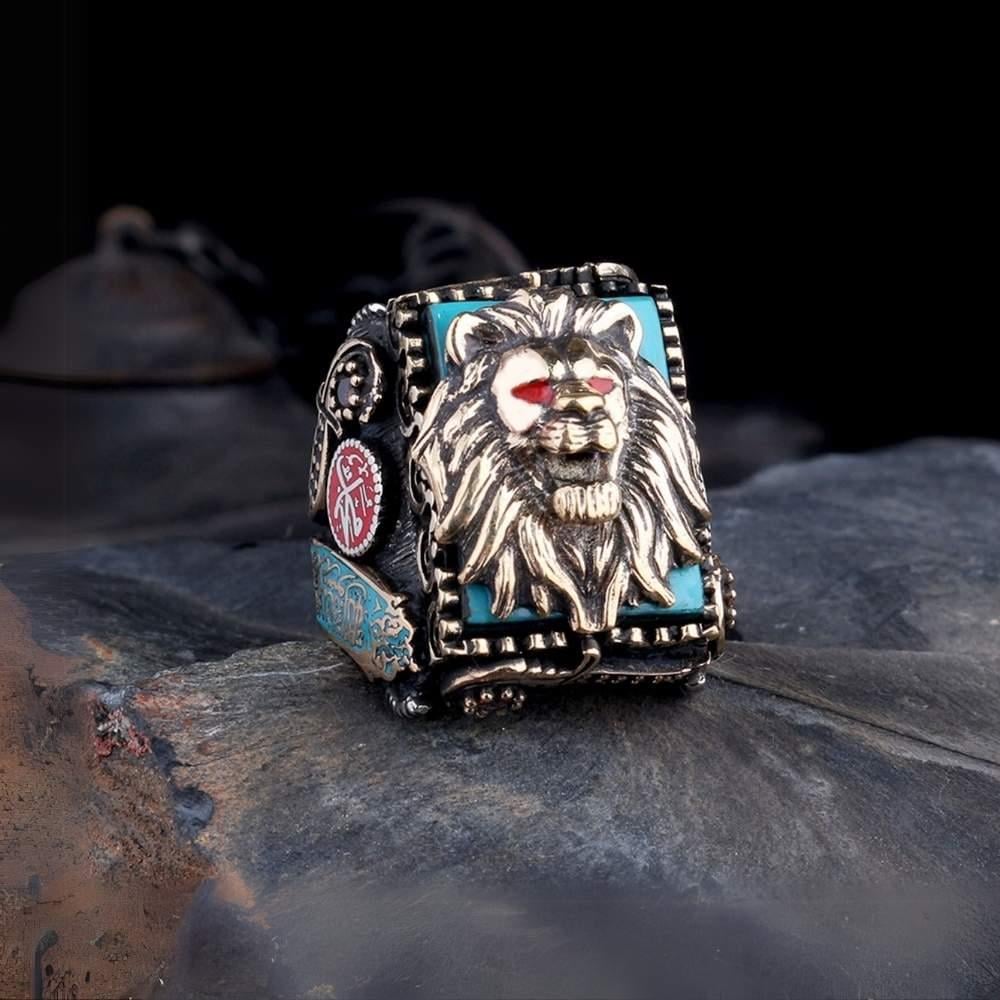 Kelime-i Tevhid İşlemeli Aslan Gümüş YüzükAslan Yüzük