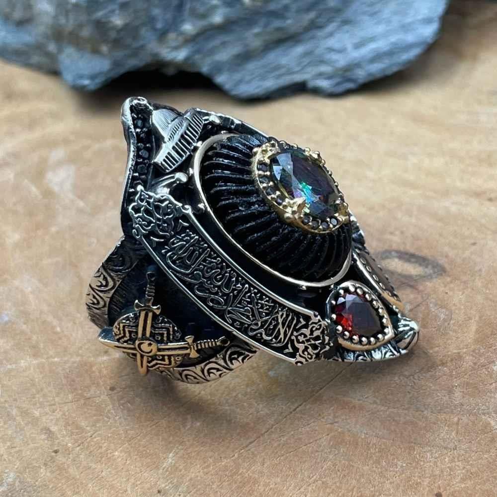 Kelime-i Tevhid İşlemeli Mistik Topaz Gümüş Zihgir YüzükMistik Topaz Taşlı Yüzükler