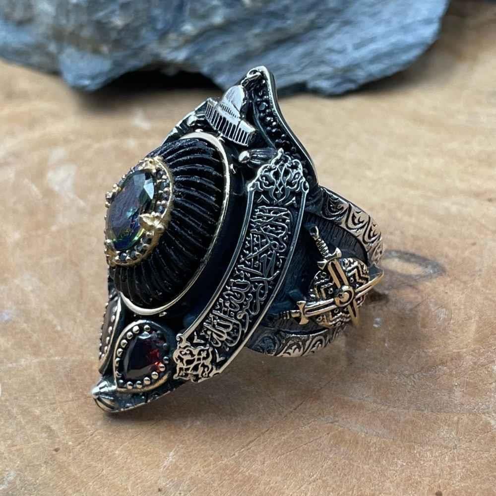 Kelime-i Tevhid İşlemeli Mistik Topaz Gümüş Zihgir YüzükMistik Topaz Taşlı Yüzükler