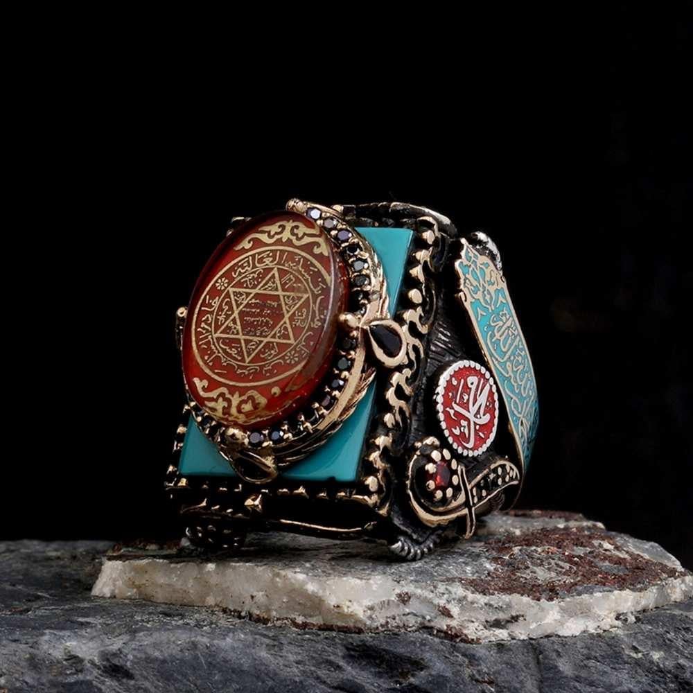 Kelime-i Tevhid İşlemeli Mührü Süleyman Gümüş YüzükSüleyman Mührü Yüzükler