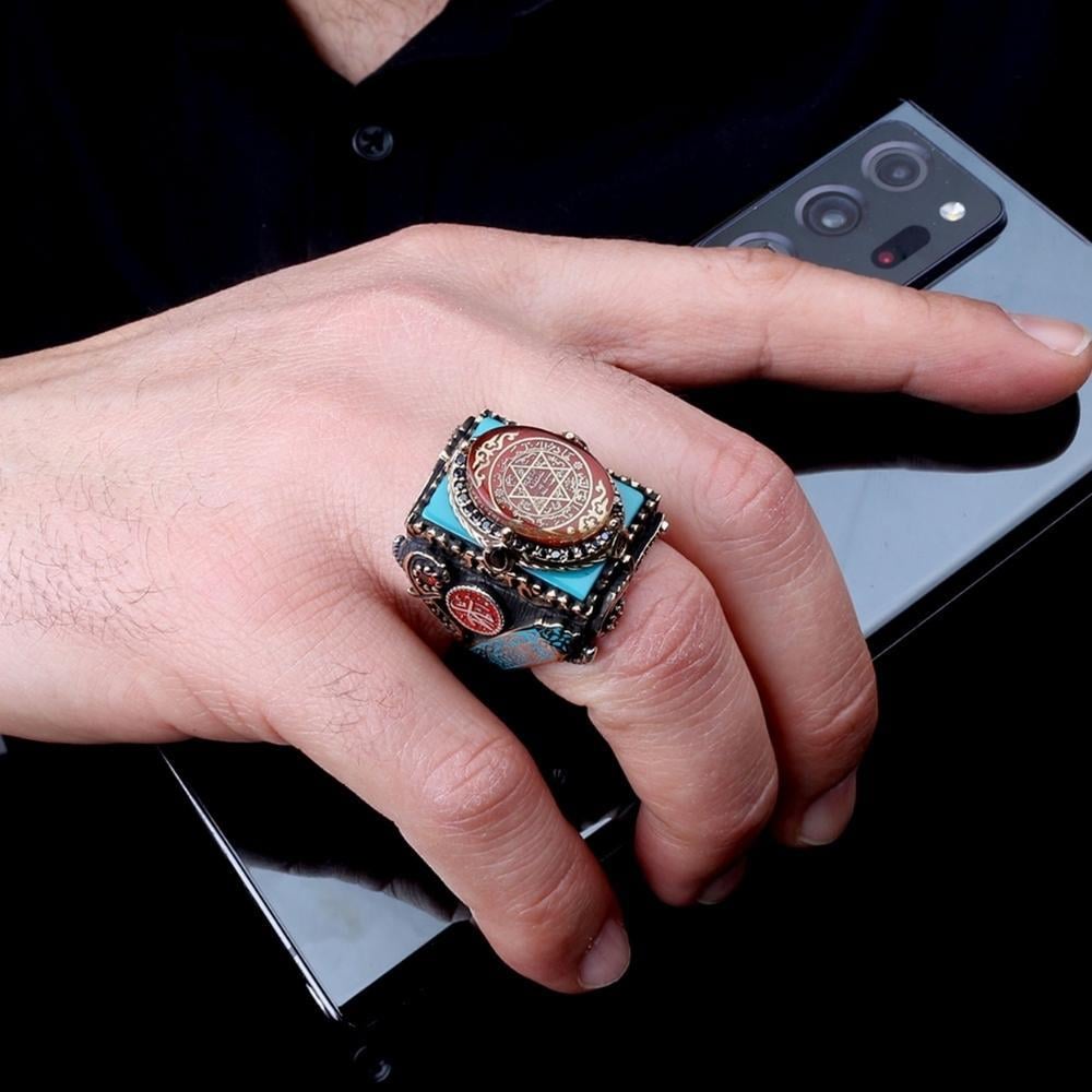 Kelime-i Tevhid İşlemeli Mührü Süleyman Gümüş YüzükSüleyman Mührü Yüzükler