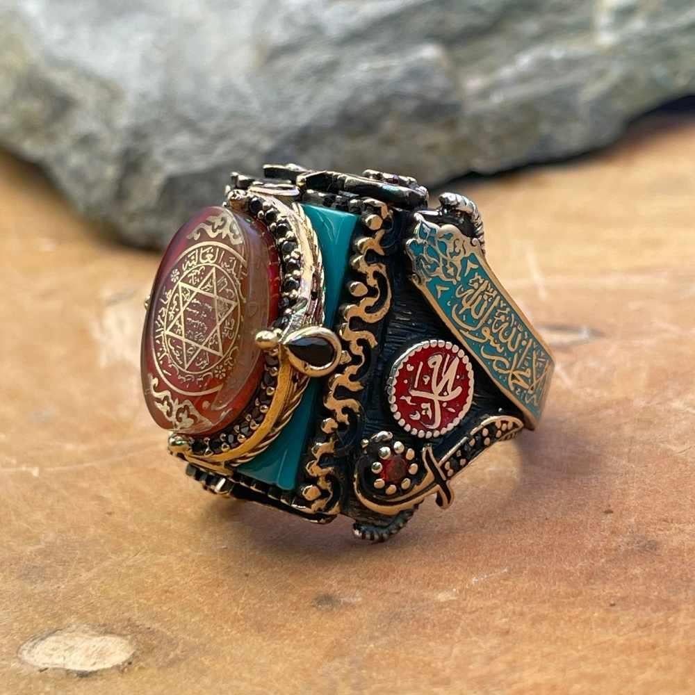 Kelime-i Tevhid İşlemeli Mührü Süleyman Gümüş YüzükSüleyman Mührü Yüzükler