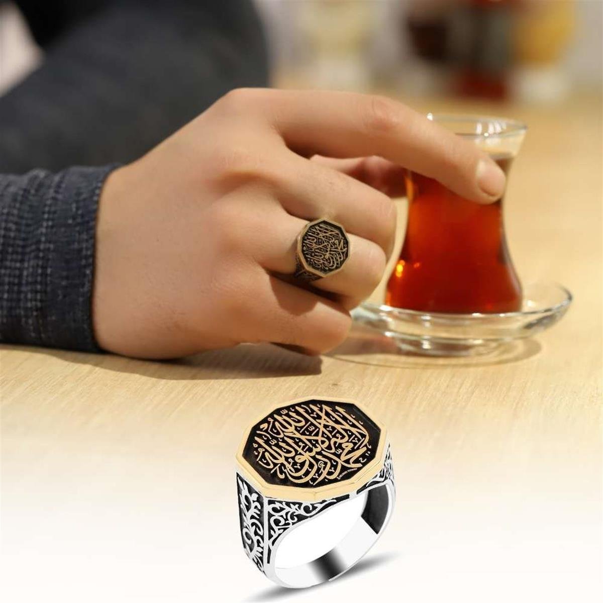 Kelime-i Tevhid İşlemeli Selçuklu Motif Erkek Gümüş Yüzük