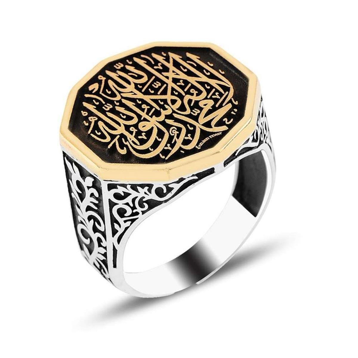 Kelime-i Tevhid İşlemeli Selçuklu Motif Erkek Gümüş Yüzük