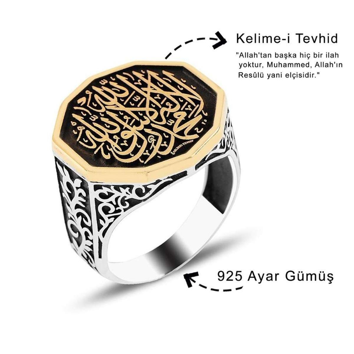 Kelime-i Tevhid İşlemeli Selçuklu Motif Erkek Gümüş Yüzük