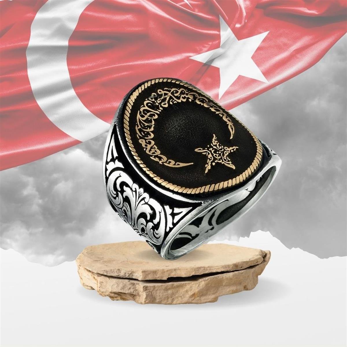 Kelime-i Tevhid Motifli Ay Yıldız Gümüş Yüzük