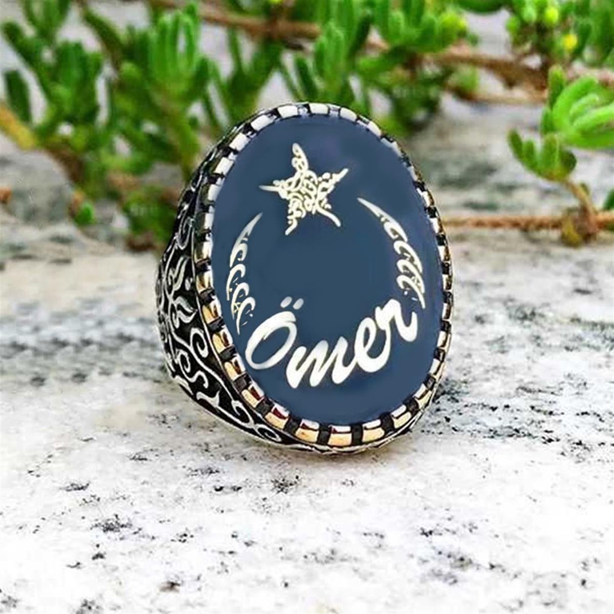 Kelime-i Tevhid Yazılı Kişiye Özel Gümüş Ay Yıldız Yüzük