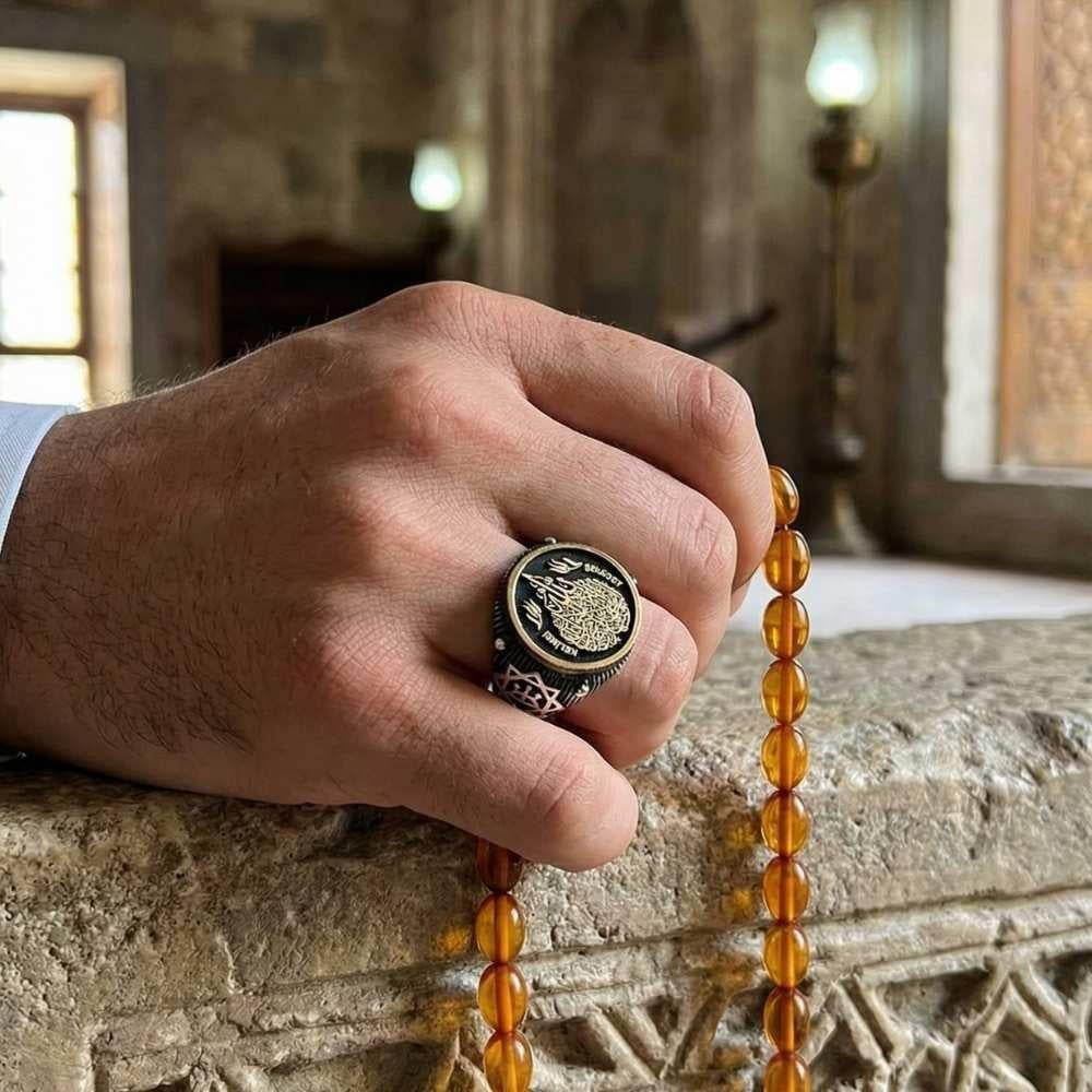 Kelimei Şehadet Motifli Üç Ok Gümüş Yüzükİslami Yüzükler